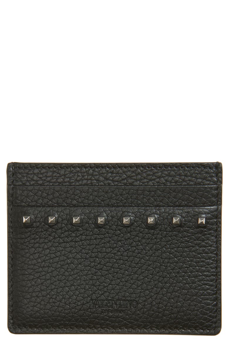 Valentino Rockstud Leather Card Holder, Main, color, Black