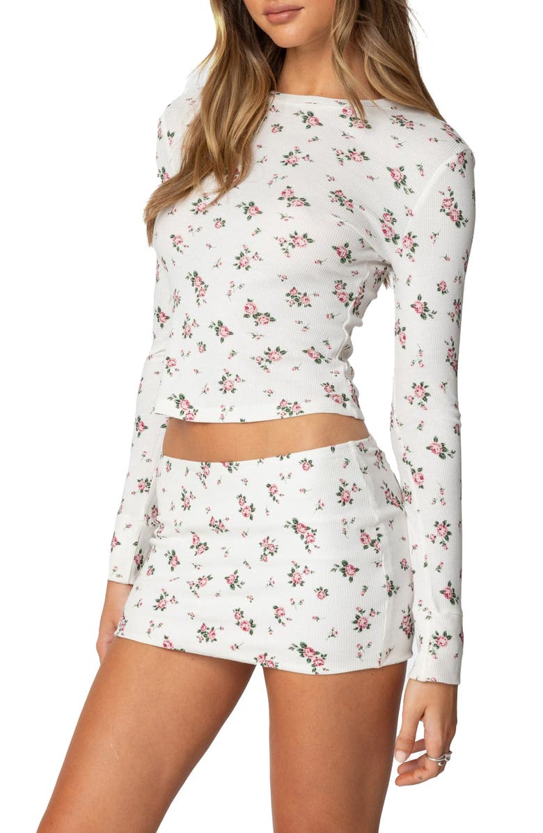 EDIKTED Melany Floral Waffle Long Sleeve T-Shirt, Alternate, color, Cream