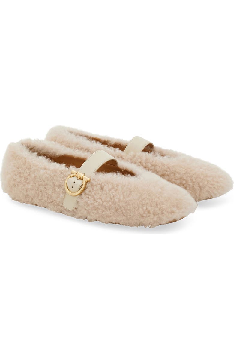 FERRAGAMO Gancio Genuine Shearling Ballet Flat, Main, color, Merinillo Carino Mascarpone