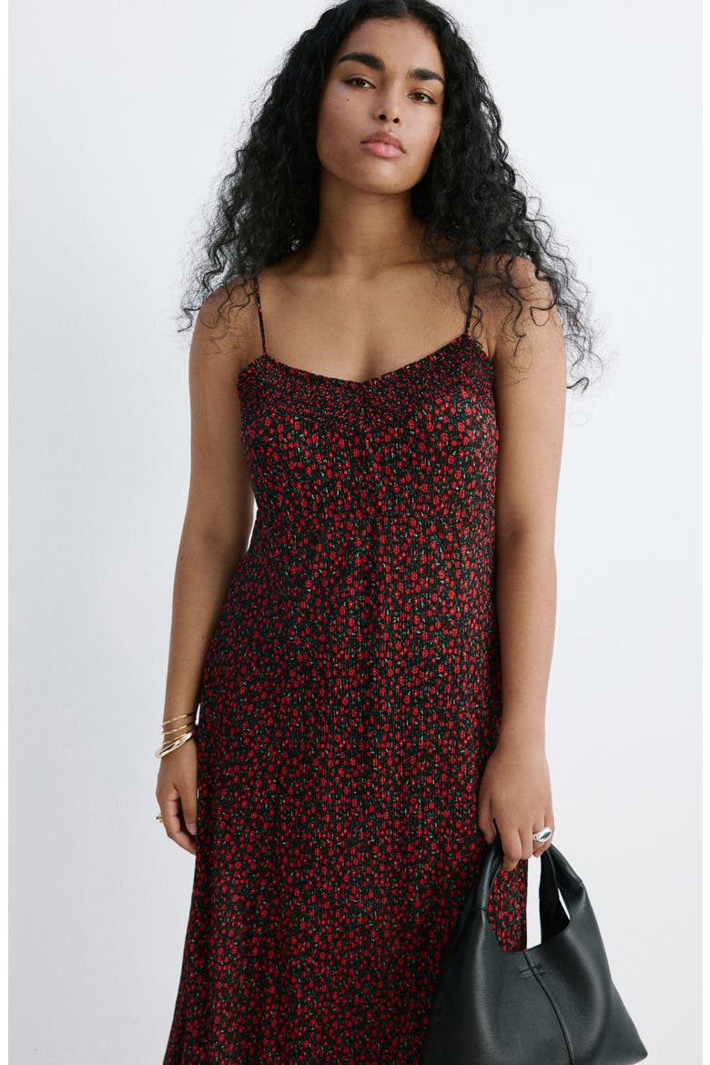 Floral Print Smocked Sleeveless Midi Dress, Alternate, color, BLACK