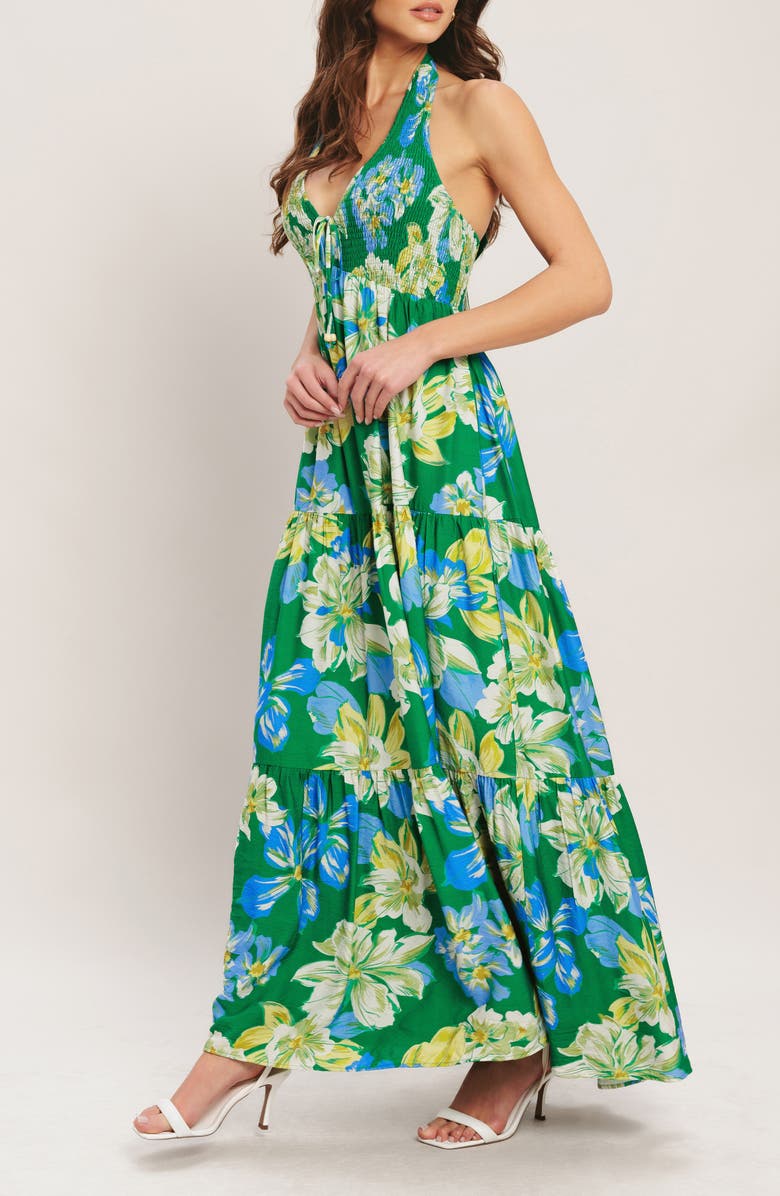 FLYING TOMATO Floral Halter Neck Maxi Dress, Alternate, color, Green
