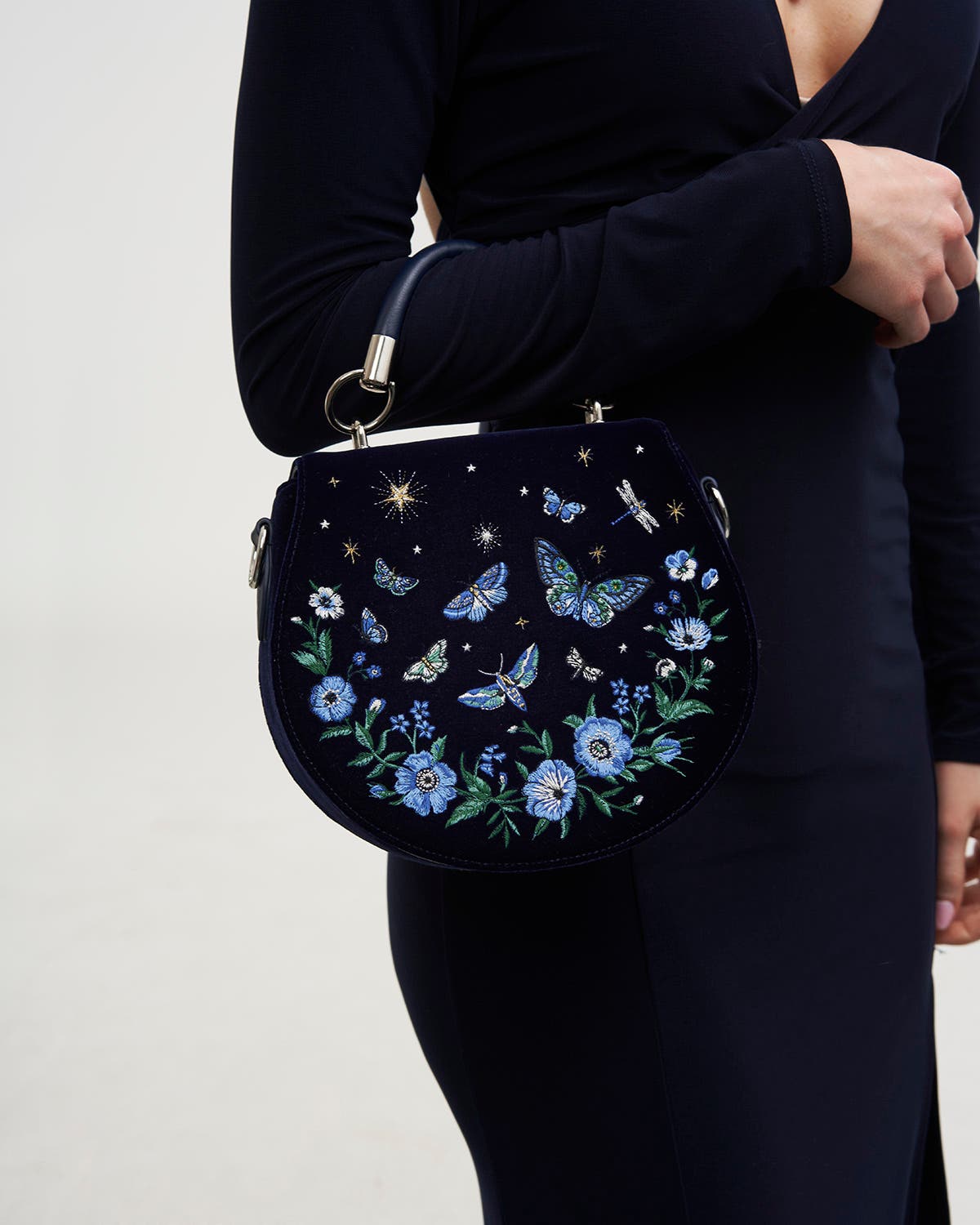 Charlotte Butterfly Embroidered Velvet Saddle Purse, Alternate, color, Navy
