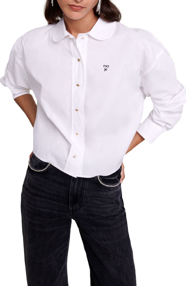 maje Cimidis Embroidered Logo Crop Cotton Button-Up Shirt, Alternate, color, 