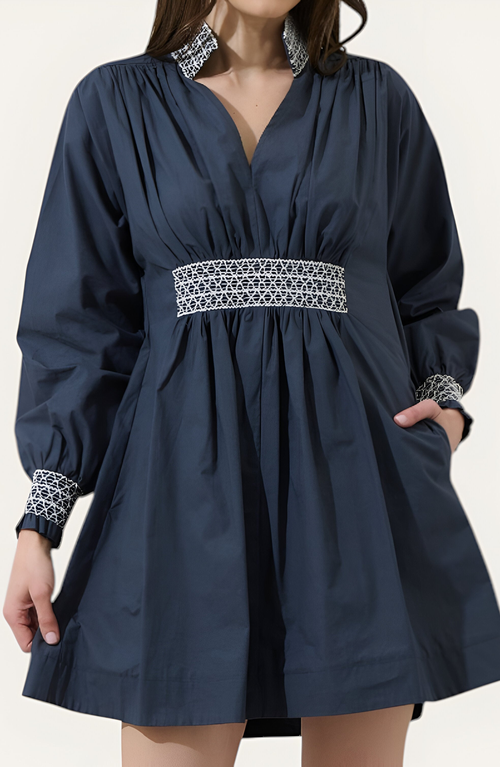 Modenaire Long Sleeve Mini Dress With Embroidered Waist, Cuffs And Collar In Blue