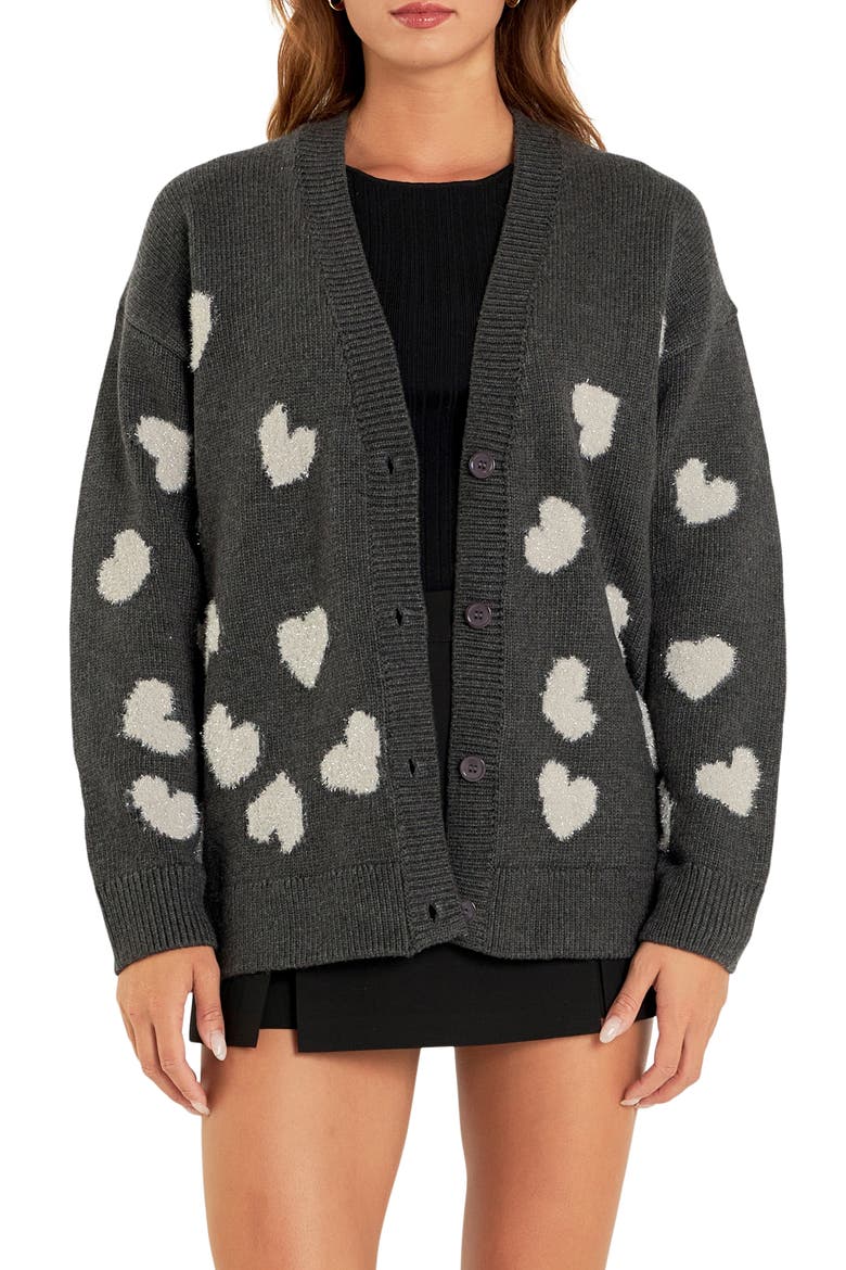 Metallic Heart Cardigan, Main, color, CHARCOAL/ SILVER