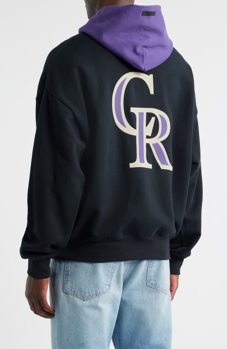 Fear of God Essentials x MLB Rockies Sport Fit Graphic Hoodie, Alternate, color, Vintage Black/ Purple Reign