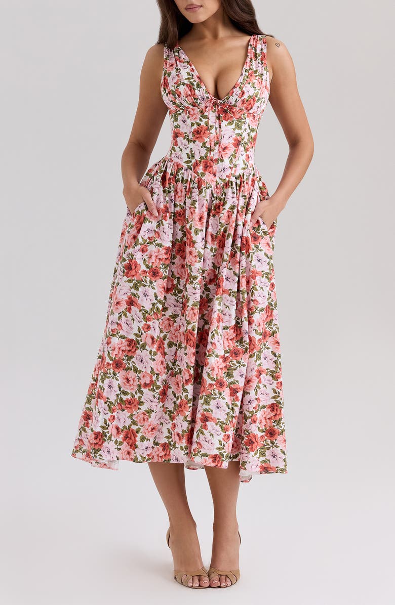 HOUSE OF CB Emmelina Floral Print Sleeveless Dress, Main, color, Rose Print