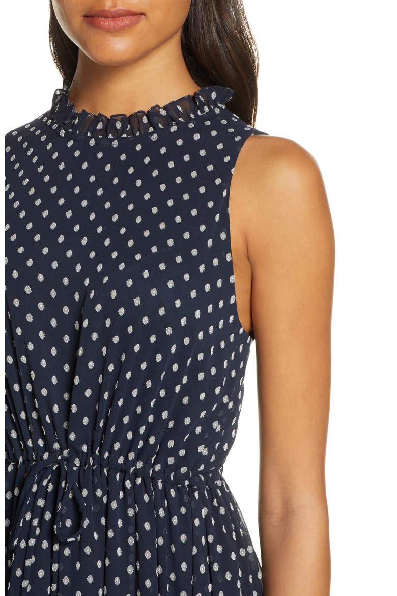 Sleeveless Polka Dot Tie Waist Midi Dress, Alternate, color, NAVY/ CREAM