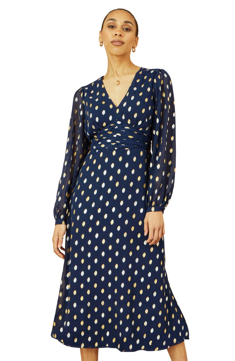 Yumi Elegant Foil Print Midi Dress, Alternate, color, Navy
