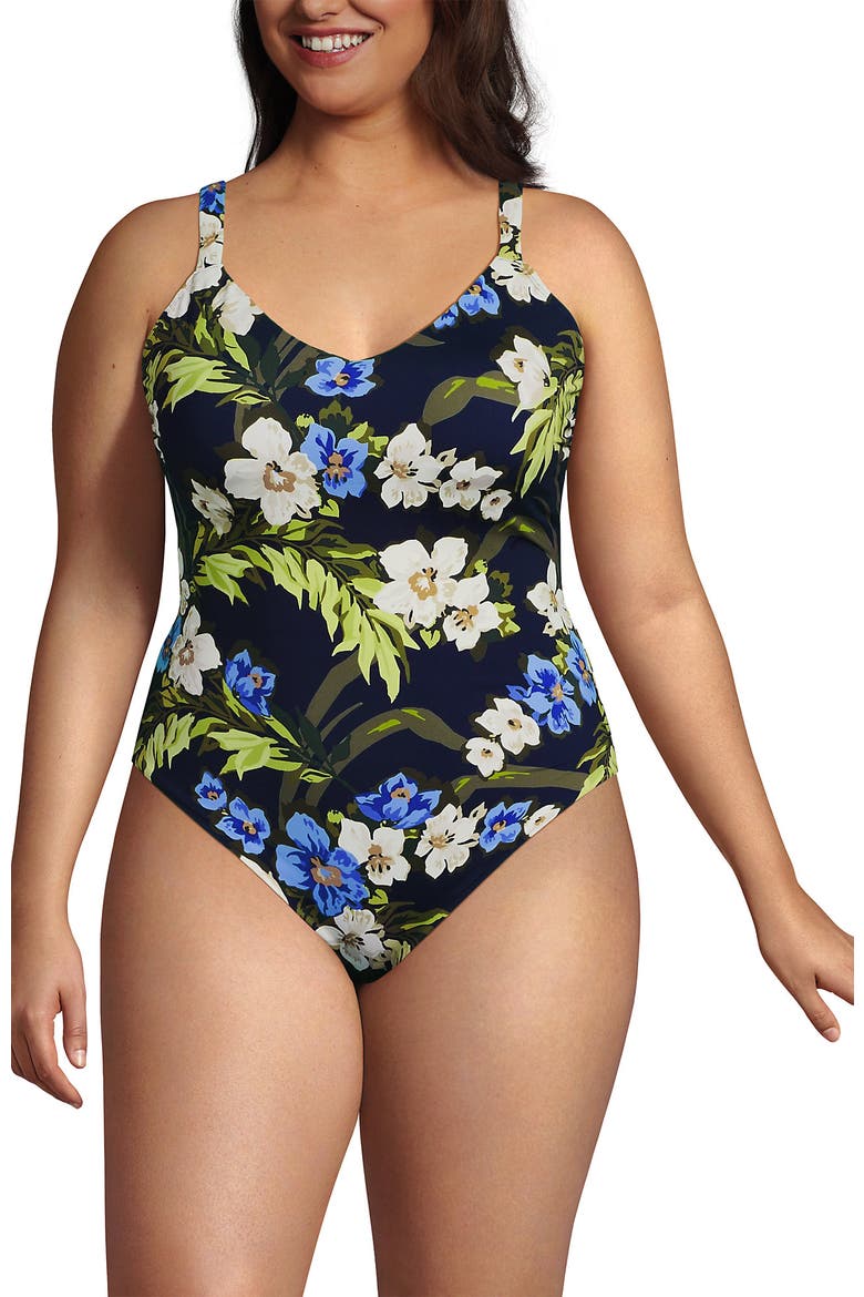 V-Neck High Leg Strappy Back One Piece, Main, color, Deep Sea/Blue Floral Tropic