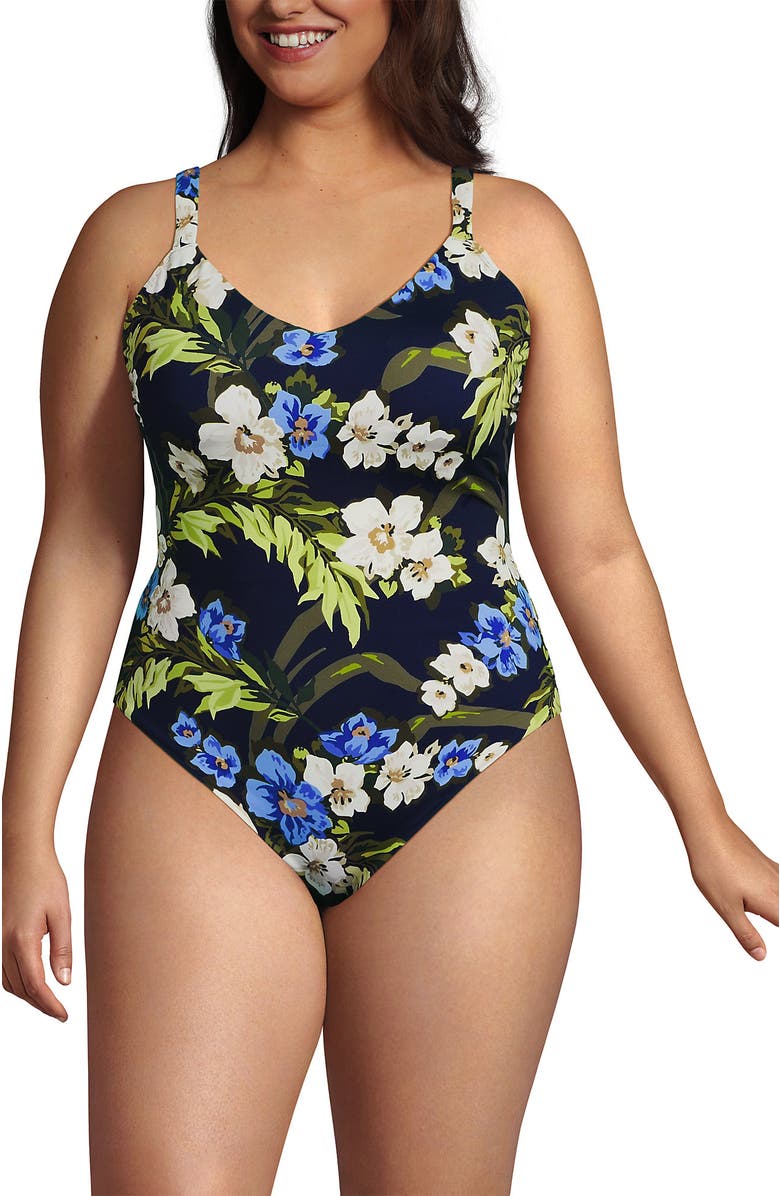 Lands' End V-Neck High Leg Strappy Back One Piece, Main, color, Deep Sea/Blue Floral Tropic