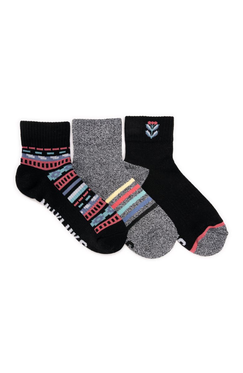 MUK LUKS Cotton Compression Quarter Crew Socks 3 Pair Pack, Main, color, Ebony Multi