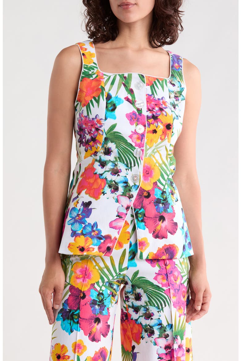 Tropical Floral Button Vest, Main, color, HIBISCUS WHITE