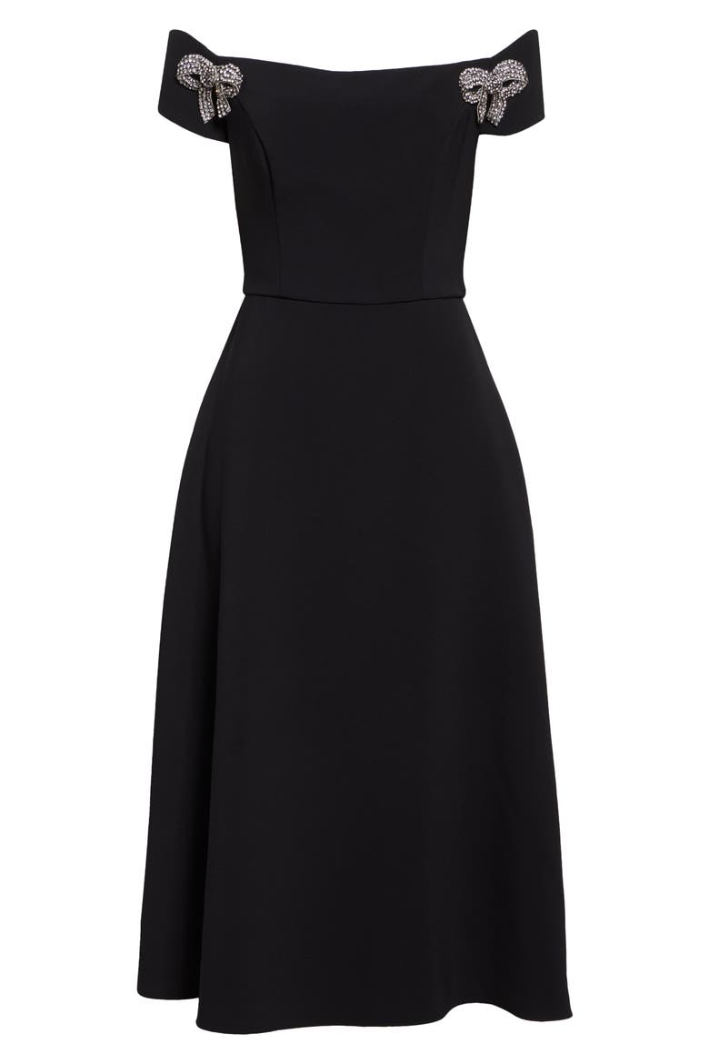 Crystal Bow Off the Shoulder Stretch Crepe Midi Dress, Alternate, color, BLACK