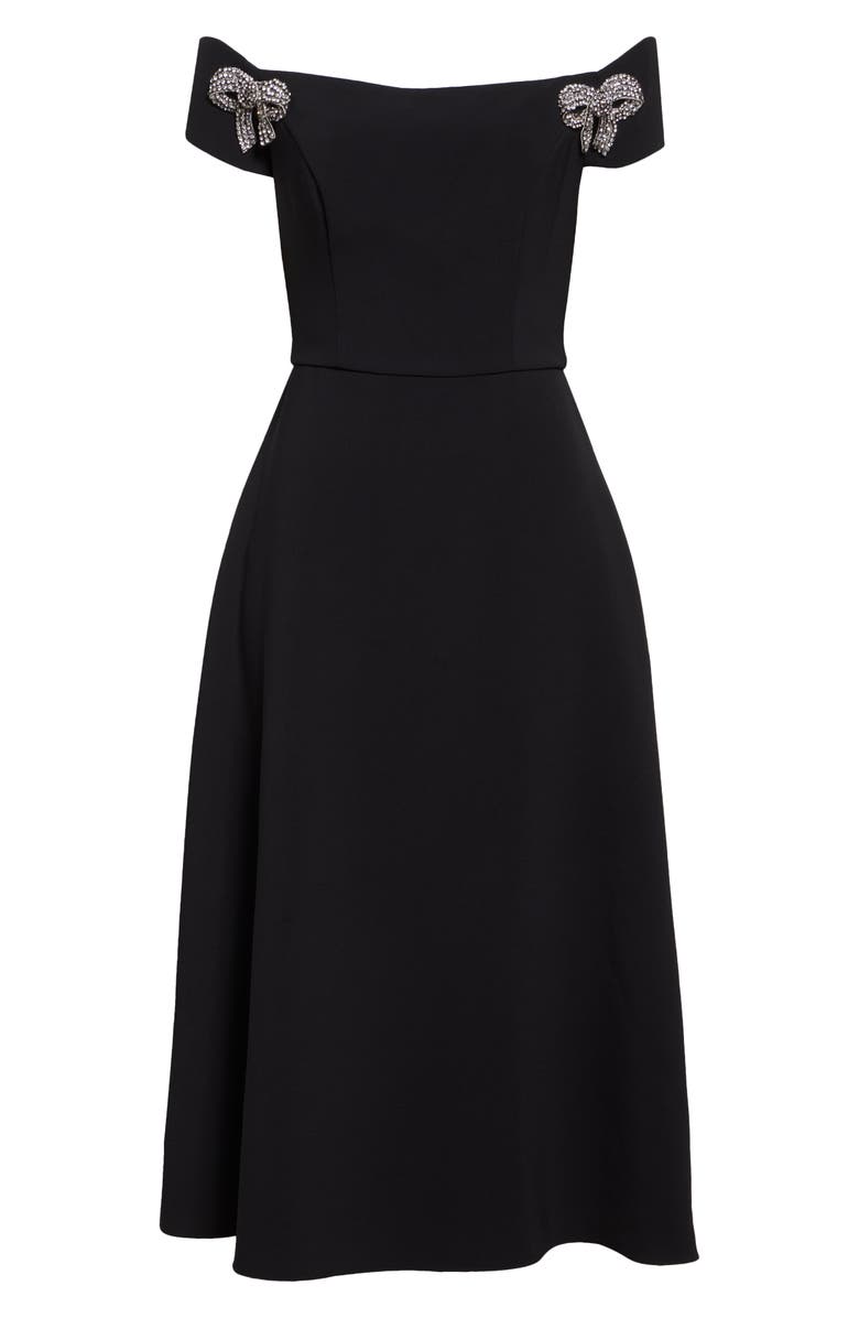 Carolina Herrera Crystal Bow Off the Shoulder Stretch Crepe Midi Dress, Alternate, color, Black