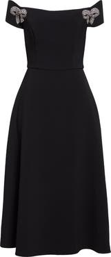 Carolina Herrera Crystal Bow Off the Shoulder Stretch Crepe Midi Dress