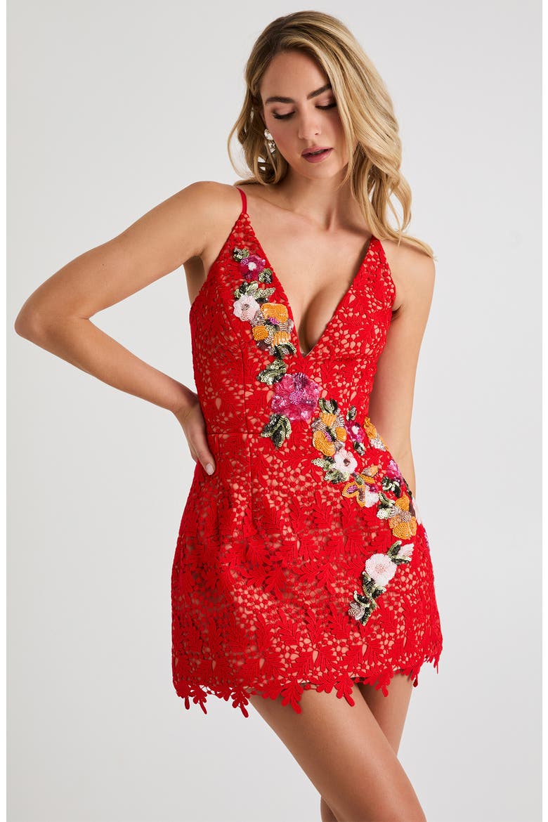 Chloe Sequin Lace Sleeveless Minidress, Alternate, color, POPPY