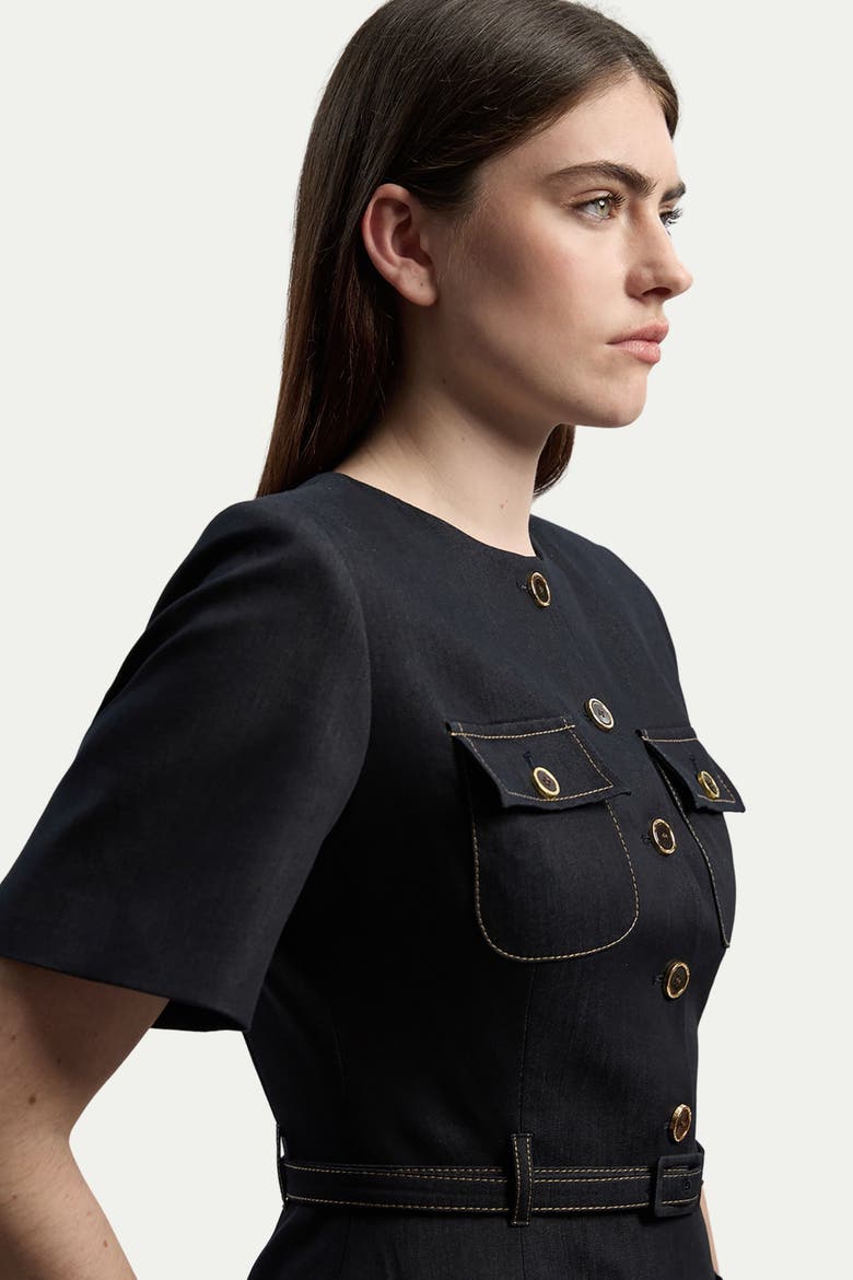Tailored Denim Belted Midi Dress, Alternate, color, Indigo