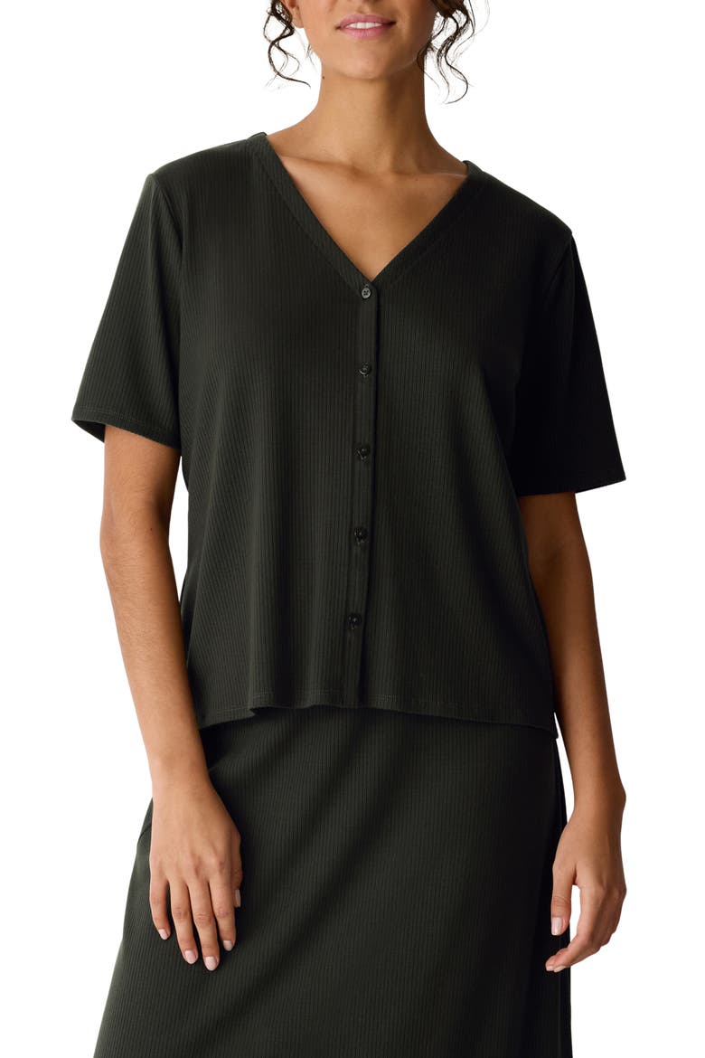 Rib Knit Jersey Button-Up Top, Main, color, SEAWEED