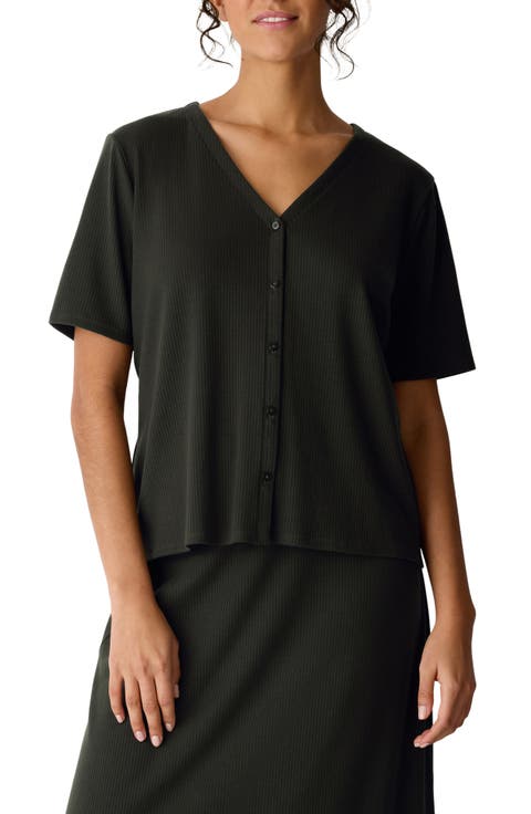 Rib Knit Jersey Button-Up Top