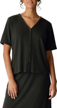 Eileen Fisher Rib Knit Jersey Button-Up Top