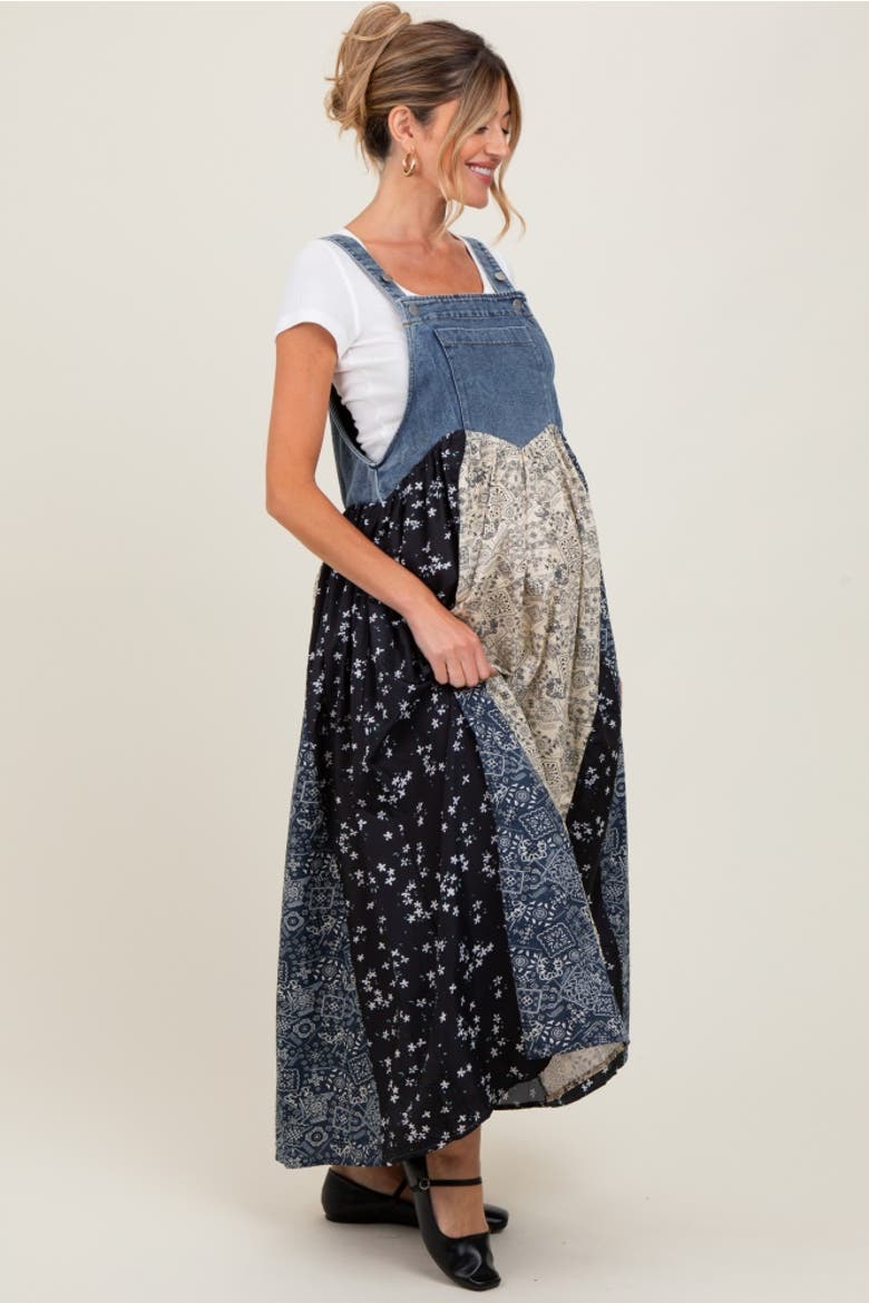 Floral Colorblock Print Denim Contrast Dress, Alternate, color, Blue