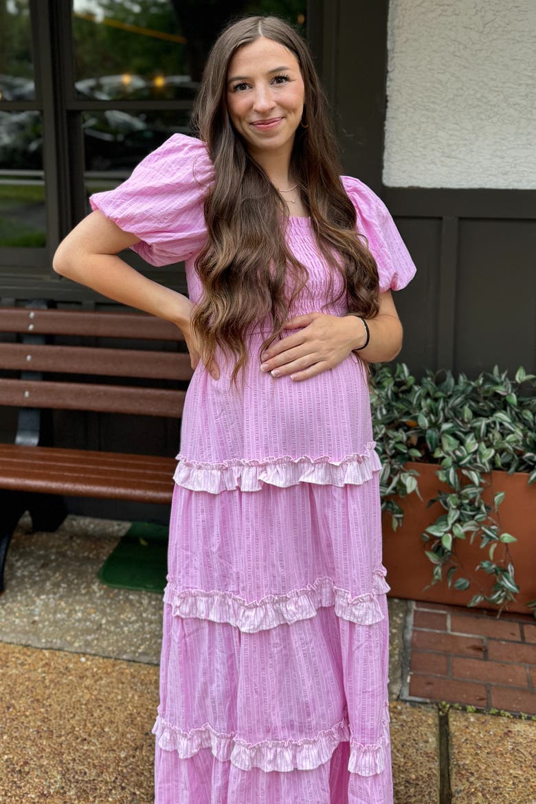 Smocked Ruffle Tiered Puff Sleeve Maxi Dress, Alternate, color, Pink