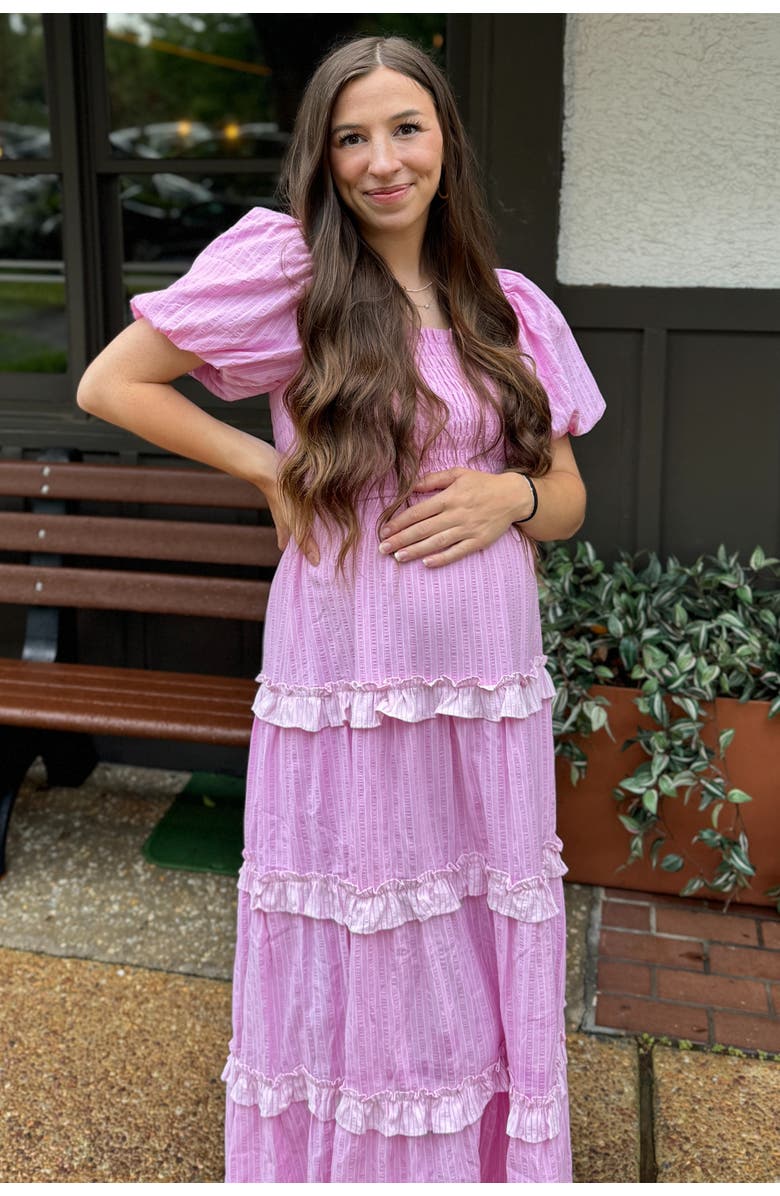 PinkBlush Smocked Ruffle Tiered Puff Sleeve Maxi Dress, Alternate, color, Pink