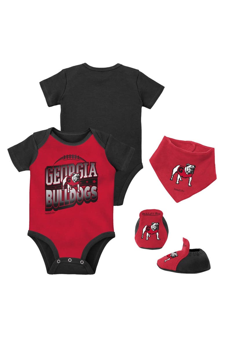 Infant Mitchell & Ness Black/Red Georgia Bulldogs 3-Pack Bodysuit, Bib and Bootie Set, Main, color, Black