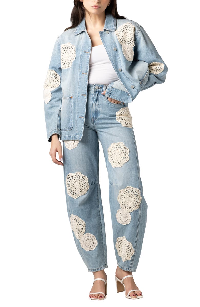 BLANKNYC The Long Crochet Patch Barrel Leg Jeans, Alternate, color, Surf Camp