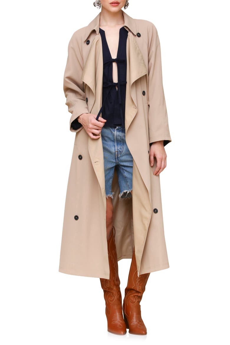 Waterfall Drape Front Double Breasted Trench Coat, Main, color, KHAKI