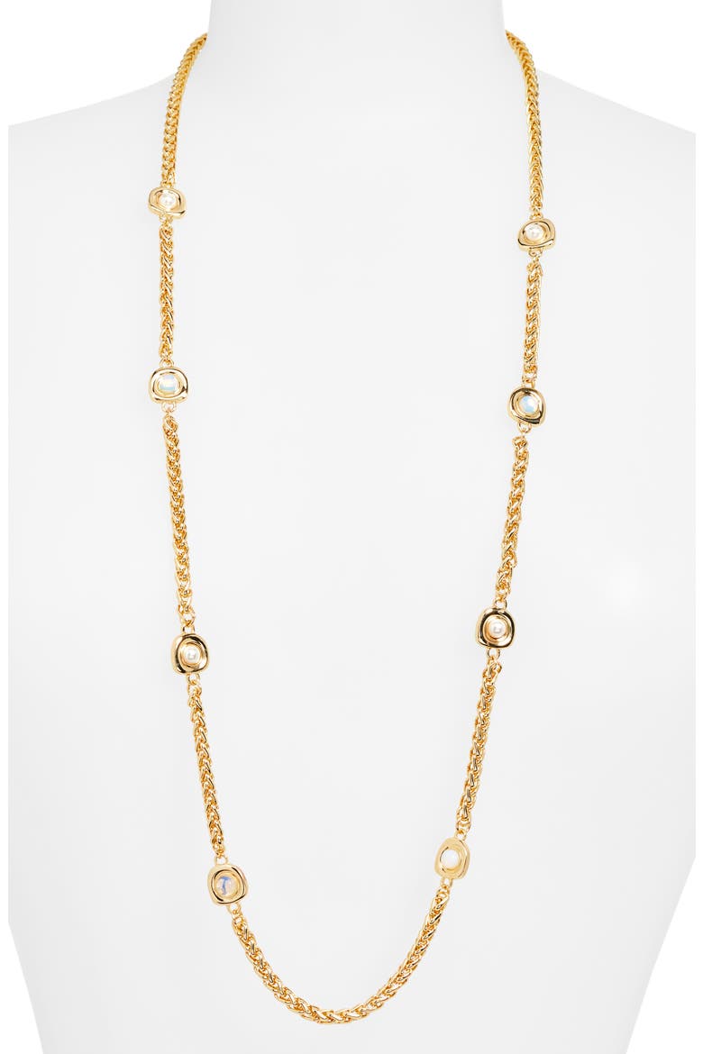 Faux Pearl Station Long Necklace, Alternate, color, CLEAR- WHITE- GOLD