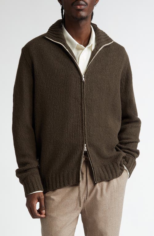 De Bonne Facture Wool Zip-Up Cardigan in Khaki Brown 