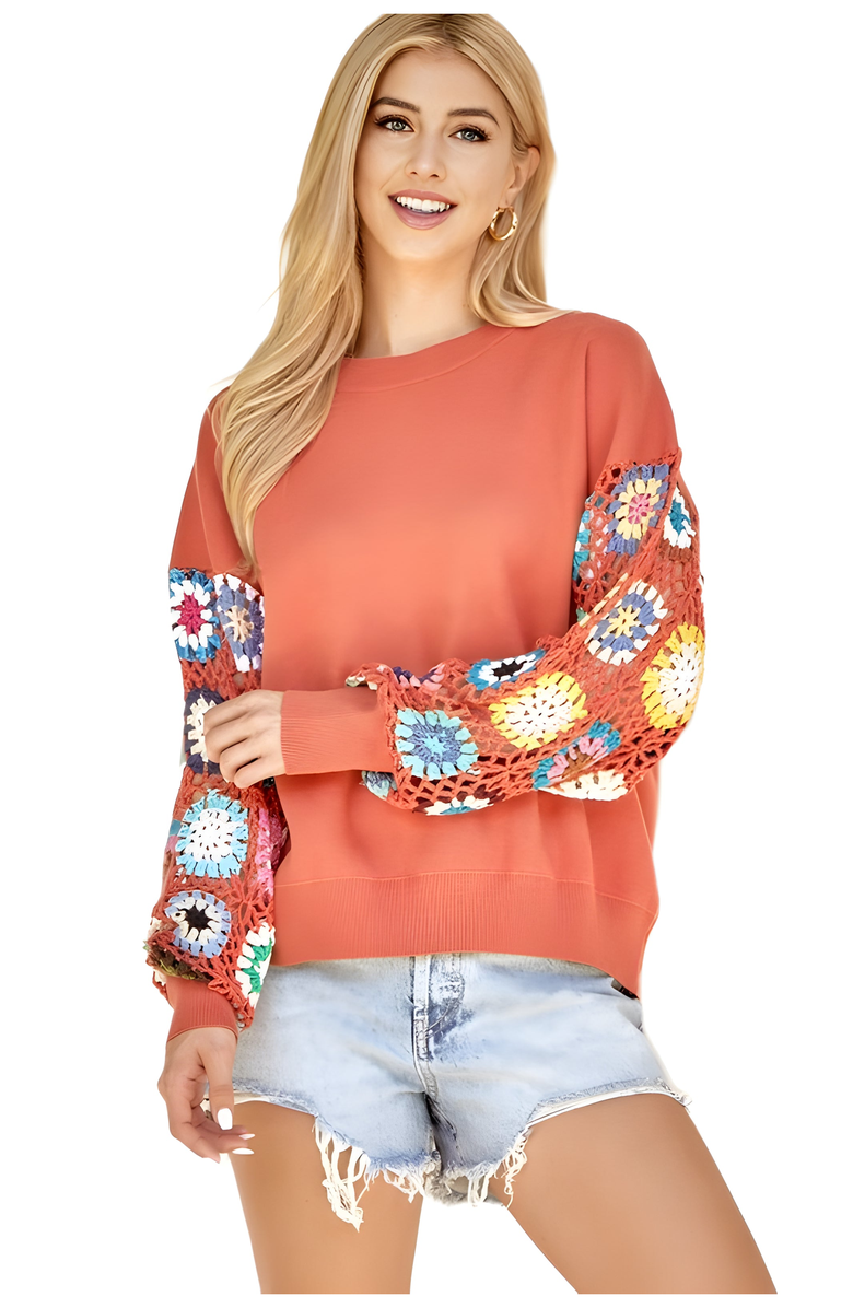 Knit and Lounge French Terry Crochet Balloon Sleeve Sweater, Main, color, 