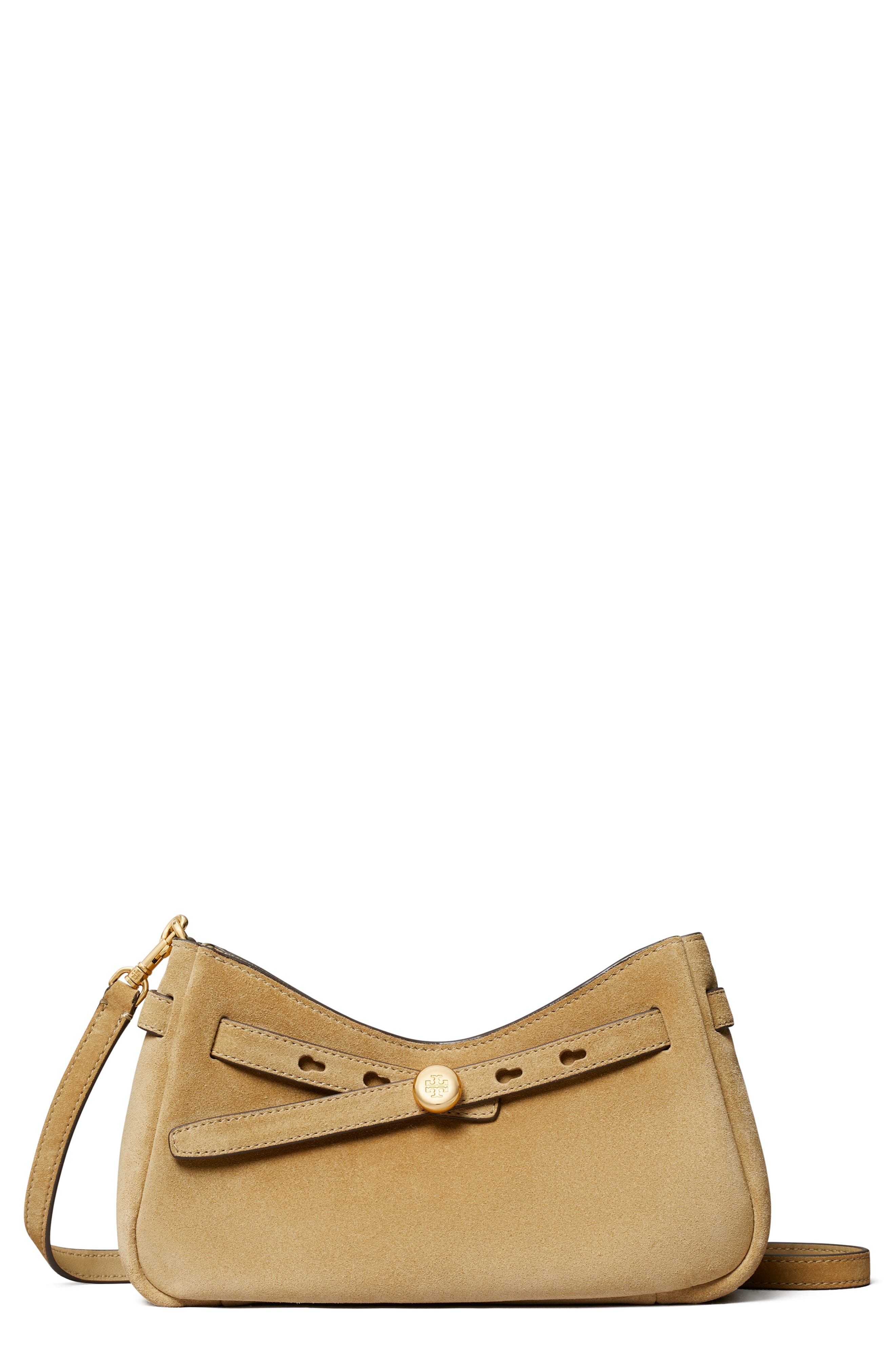 Tory Burch Romy Zip Top Suede Crossbody Bag, Main, color, Butter