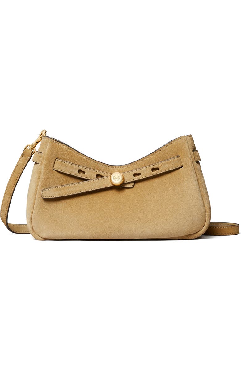 Tory Burch Romy Zip Top Suede Crossbody Bag, Main, color, Butter