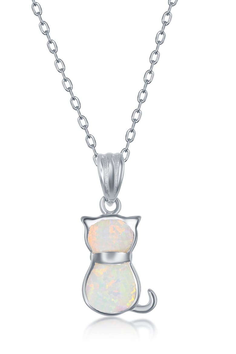 Sterling Silver White Inlay Opal Cat Necklace & Earrings Set, Alternate, color, WHITE