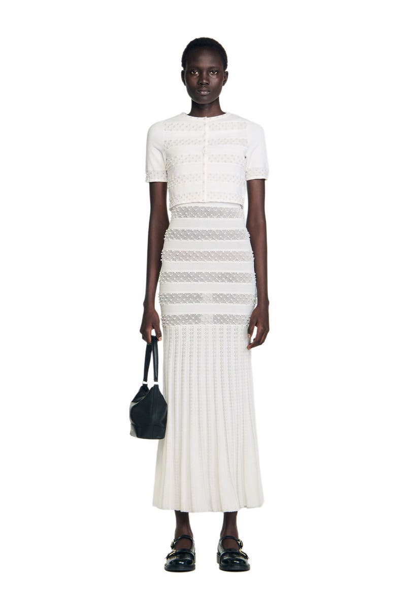 SANDRO Fine knit cropped beaded cardigan, Alternate, color, Ecru