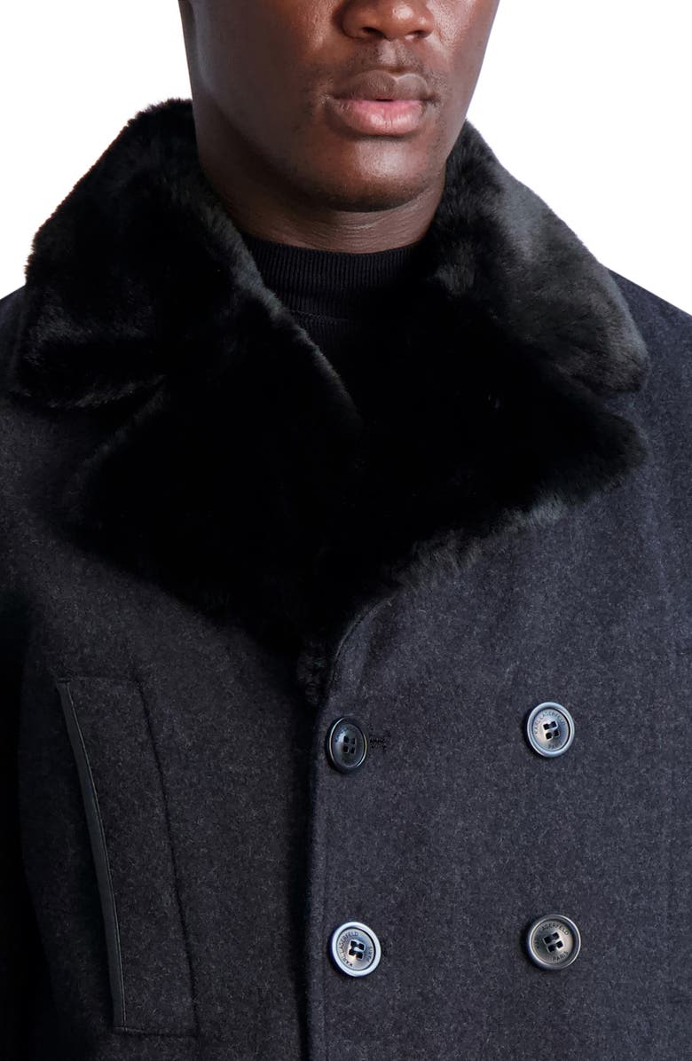 KARL LAGERFELD PARIS Wool Blend Peacoat with Faux Fur Collar, Alternate, color, Charcoal/ Black