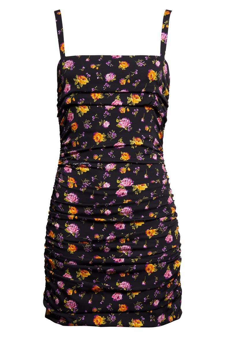 Rose Bouquet Ruched Stretch Silk Charmeuse Minidress, Alternate, color, ROSE E MAZZOLINI FDO