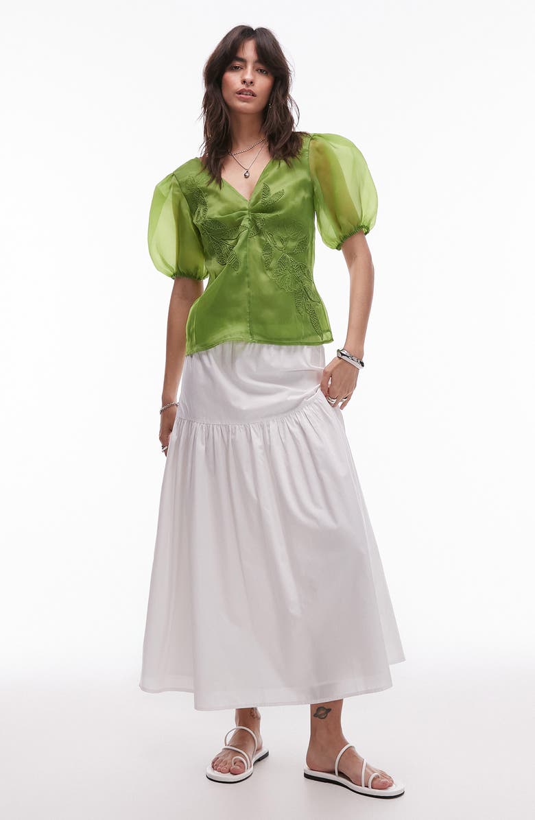 Topshop Embroidered Puff Sleeve Top, Alternate, color, Medium Green