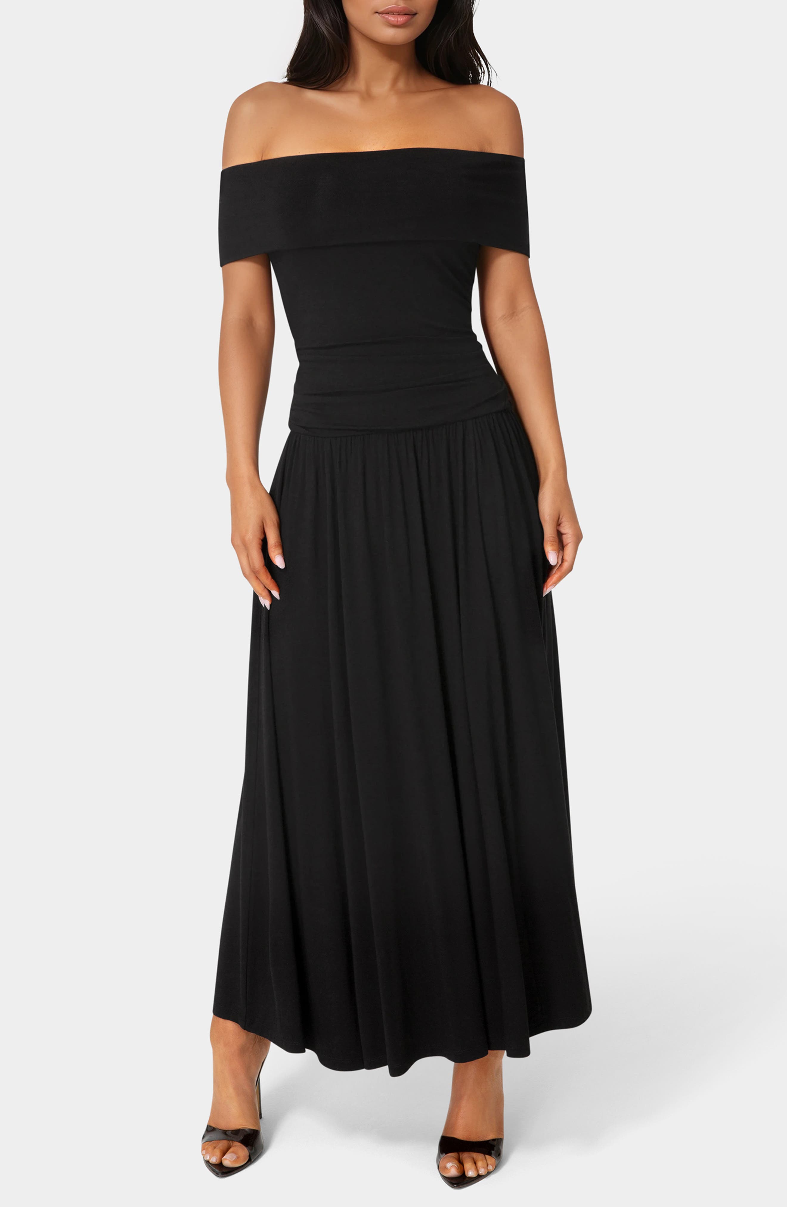 bebe Off the Shoulder Drop Waist Maxi Dress