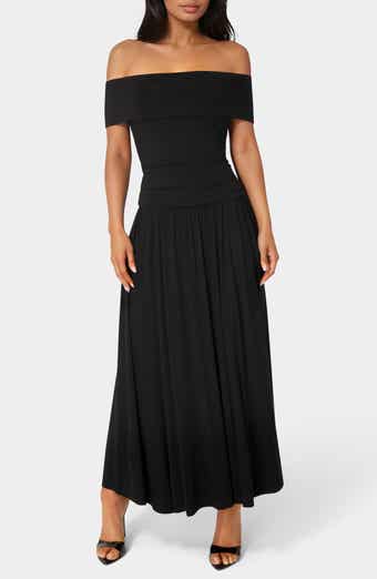 bebe Off the Shoulder Drop Waist Maxi Dress