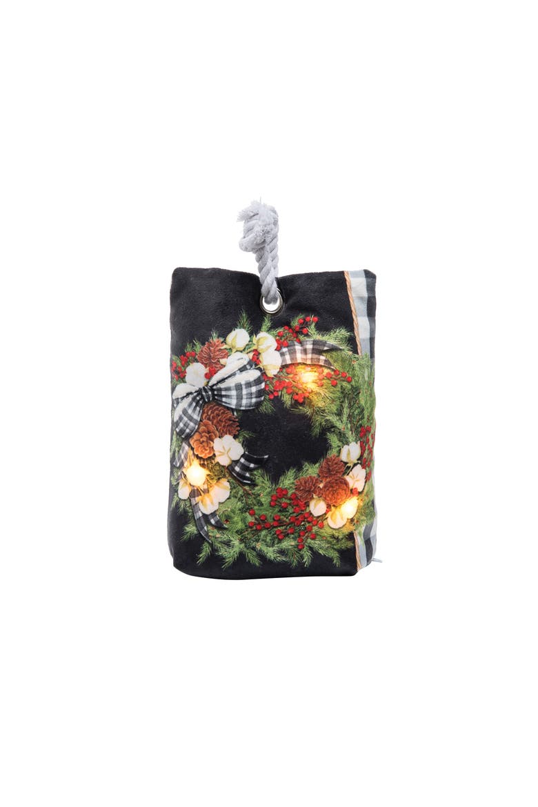 Gingham Wreath Light-Up LED Door Stop, Main, color, Black