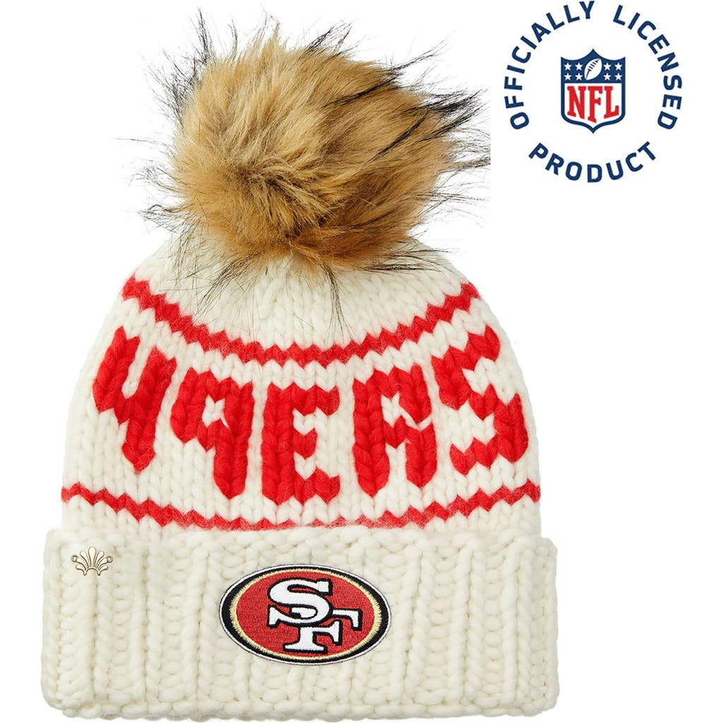 Lele Sadoughi White 49ers Beanie With Faux Fur Pom In Gold