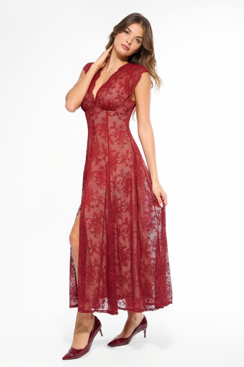 Popilush Shapewear Boho Floral Lace Front Slit Maxi Dress In Red