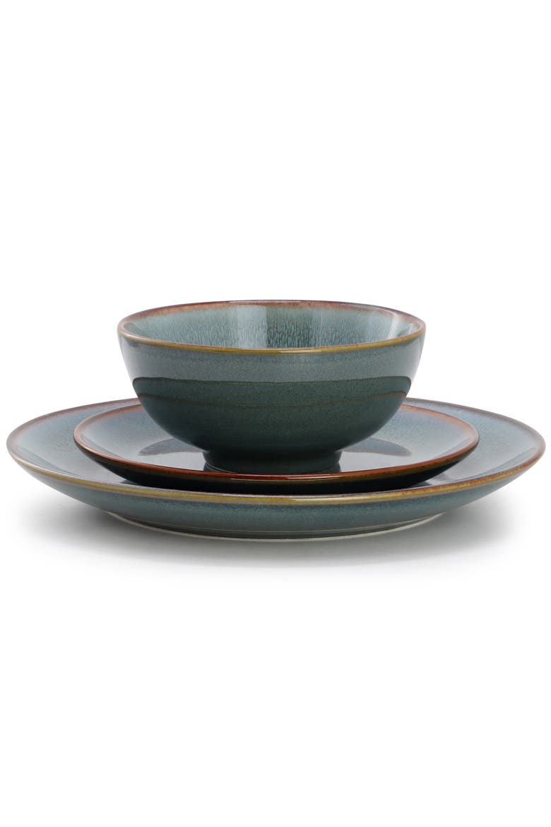 16 Piece Stoneware Dinnerware Set in Blue w/ Brown Rim, Alternate, color, Blue