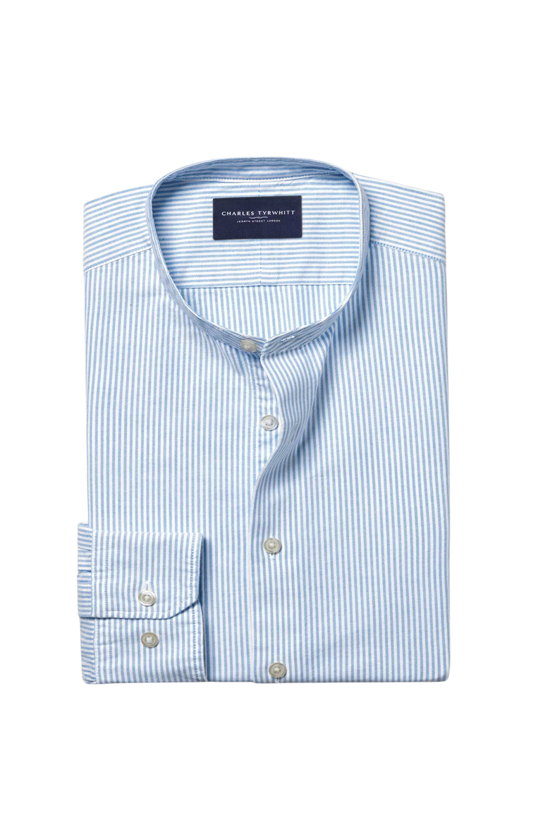Stripe collarless shirt, Alternate, color, Ocean Blue