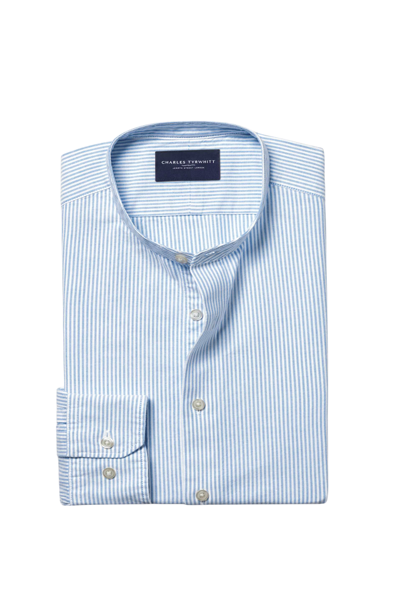Charles Tyrwhitt Stripe collarless shirt, Alternate, color, Ocean Blue