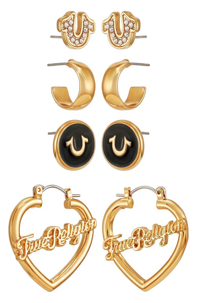 True Religion 4-Pack Assorted Stud & Hoop Earrings, Alternate, color, Gold Tone